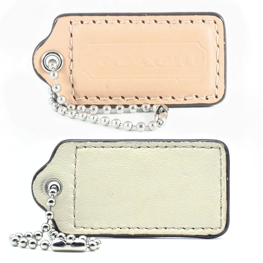 🤍 2" Coach Putty Tan & White 2 Sided Pat Leather Hangtag Bag Fob Charm Keychain